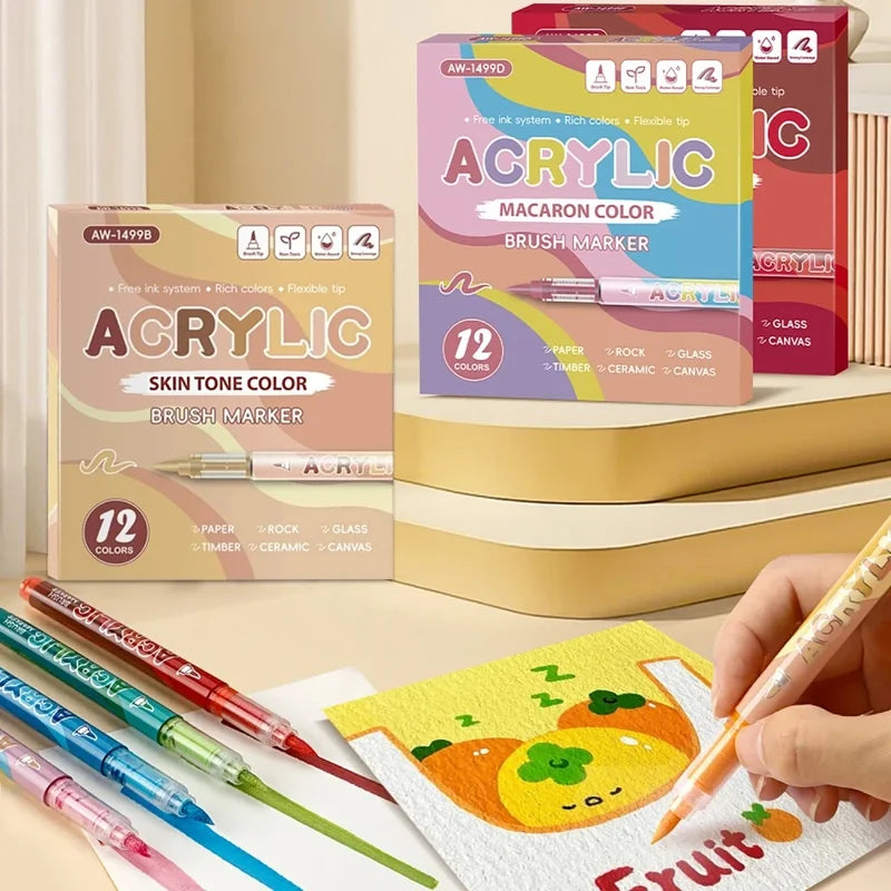 12-Pack Soft Tip Acrylic Paint Markers for Rock Glass Canvas Art - Waterproof & Quick-Dry