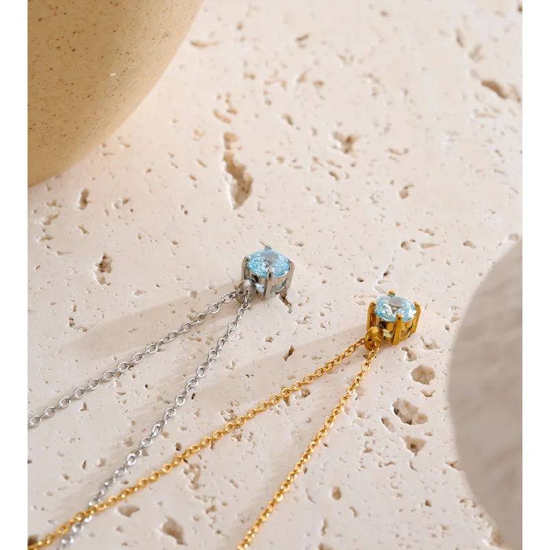Stainless Steel Rose Flower Shape Drop Necklace with Zirconia - Korean Jewelry