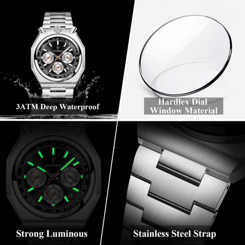 Men's Waterproof Chronograph Watch with Luminous Dial and Stainless Steel Band