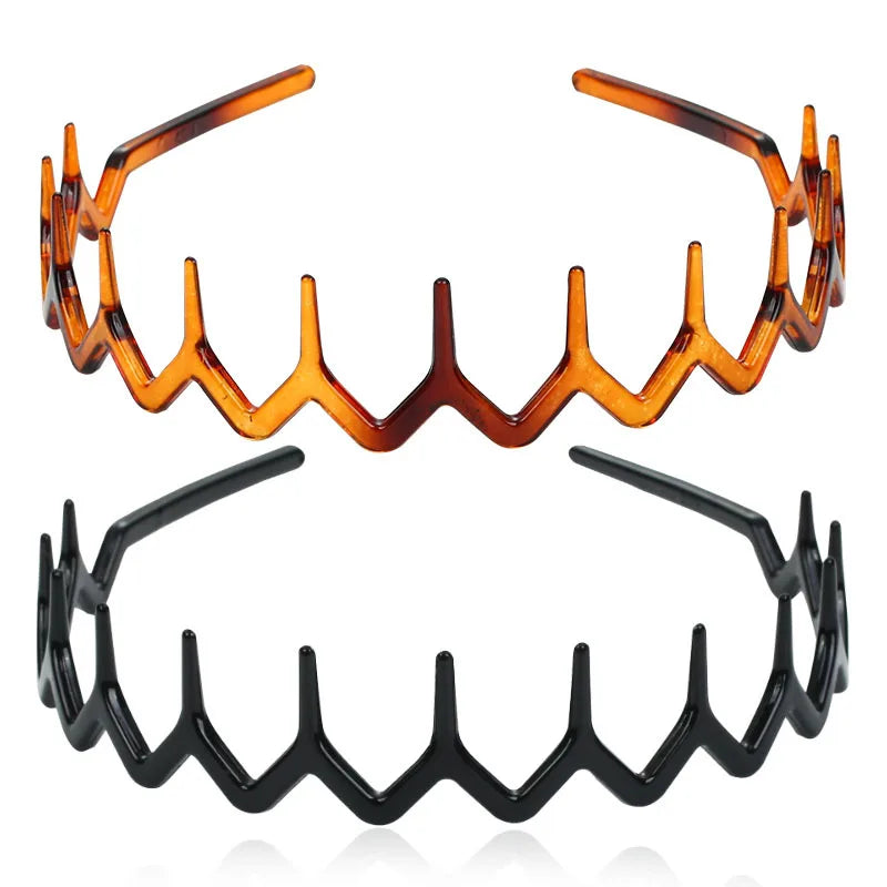 2PCS Black Amber Wave Long Teeth Headband Anti-Fall Resin Plastic Non-Slip Face Wash Headband for Men Women