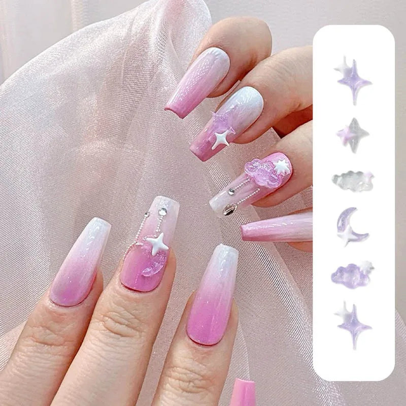 50PCS Transparent Resin Moon Cloud Nail Charms with Sparkling Star for DIY Nail Art