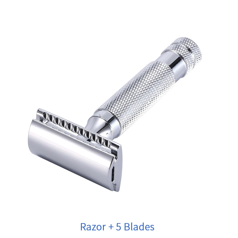Men's Safety Razor with 5 Blades Copper Alloy Double Edge Classic Shaver Travel Kit