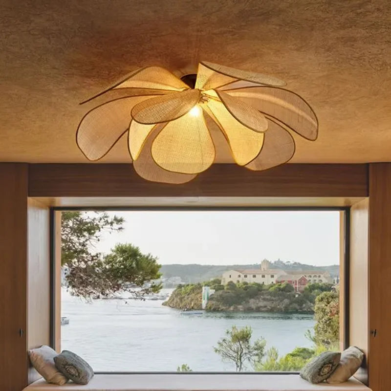Rattan Flower Pendant Light - Woven Ceiling Lamp for Living & Dining Rooms