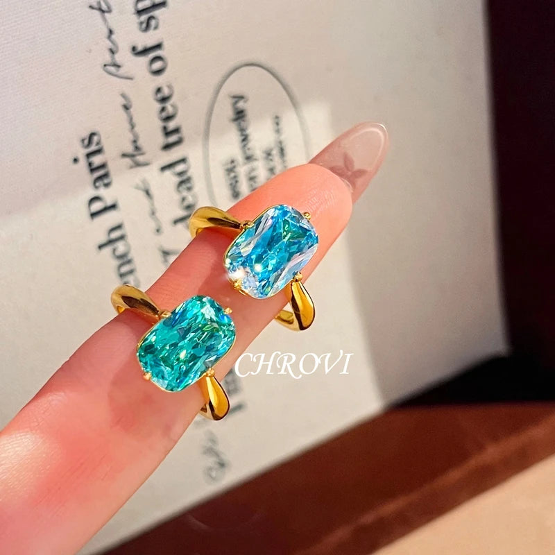 Sterling Silver Square Paraiba & Ocean Blue Diamond Ring for Women