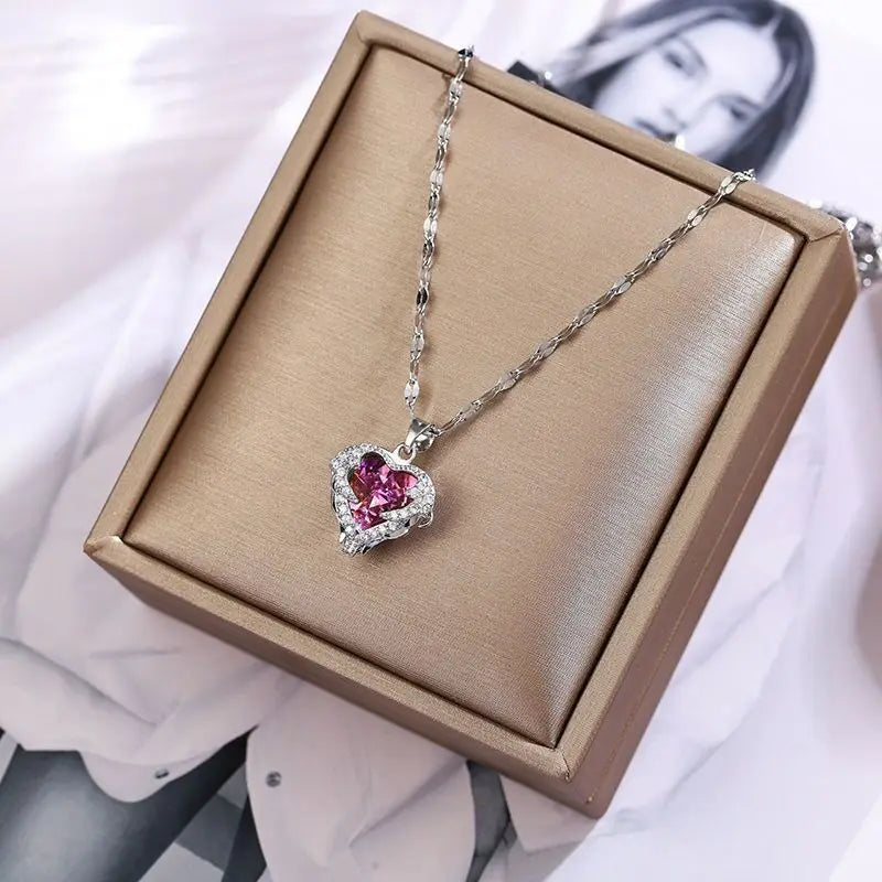 Colorful Crystal Ocean Heart Pendant Necklace for Women Stainless Steel Jewelry
