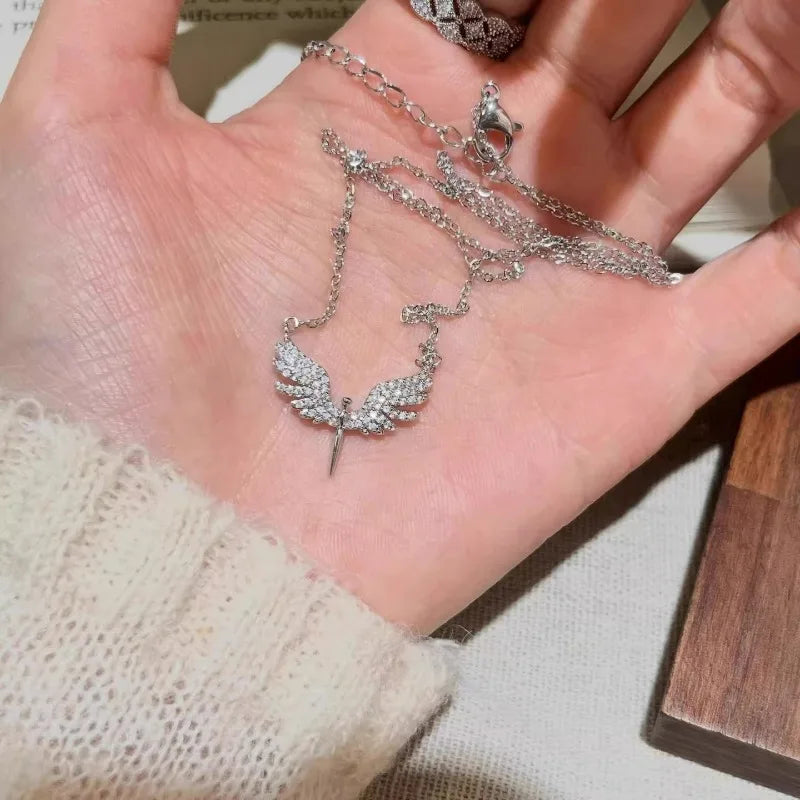 Silver Angel Wings Pendant Necklace - Unique Clavicle Chain Choker Jewelry