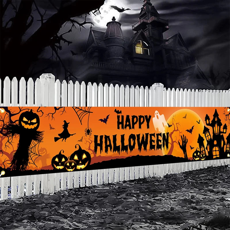 Halloween Outdoor Banner Decoration - Pumpkin & Bat Print Backdrop for Parties