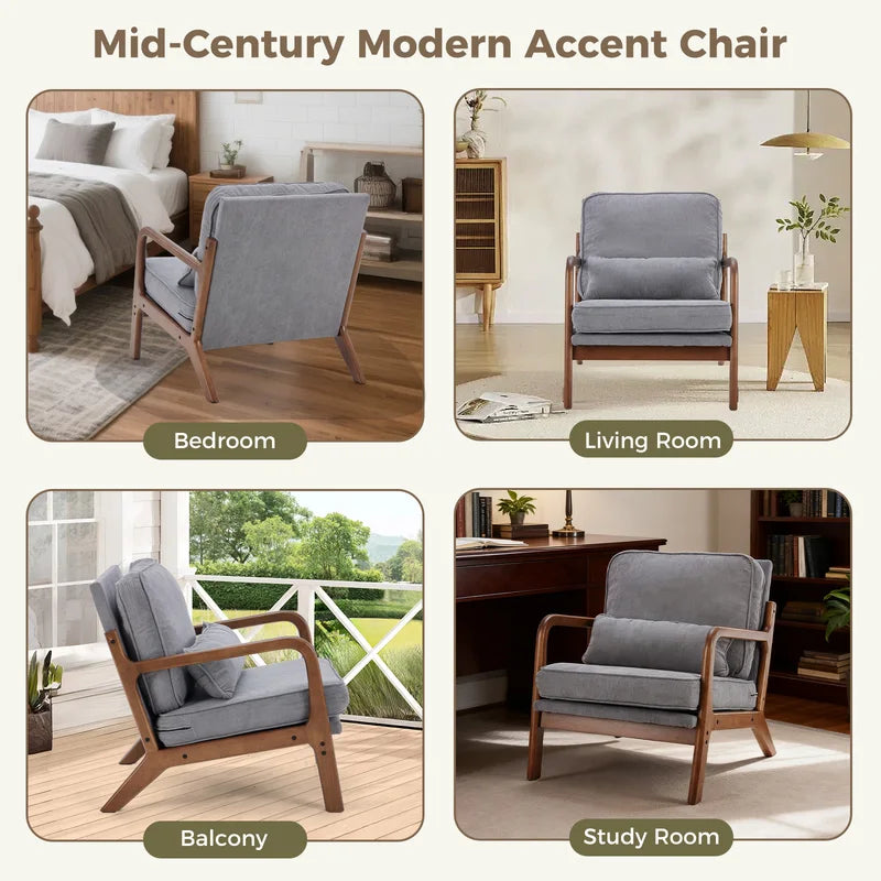 Mid Century Modern Accent Chair with Wooden Frame & Cushions, Lounge Seating