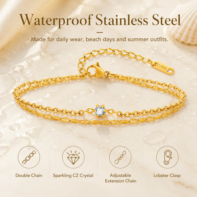 Waterproof Layered Anklet Bracelet for Women, Adjustable Gold Plated Jewelry