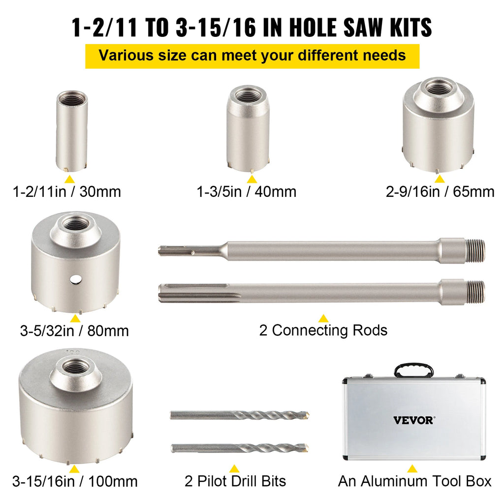 4-in-1 Concrete Hole Saw Kit 8/9PCS with SDS Plus & SDS Max Shanks