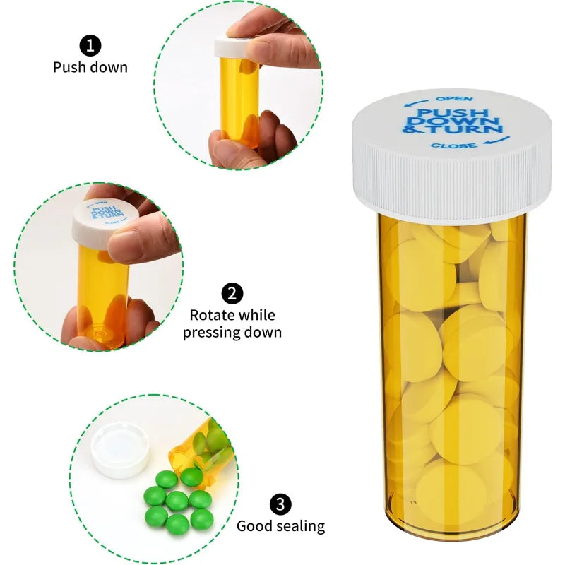 12/20 Pack Plastic Medicine Pill Bottles with Child-Resistant Caps - Travel Vials, 6/8 Dram