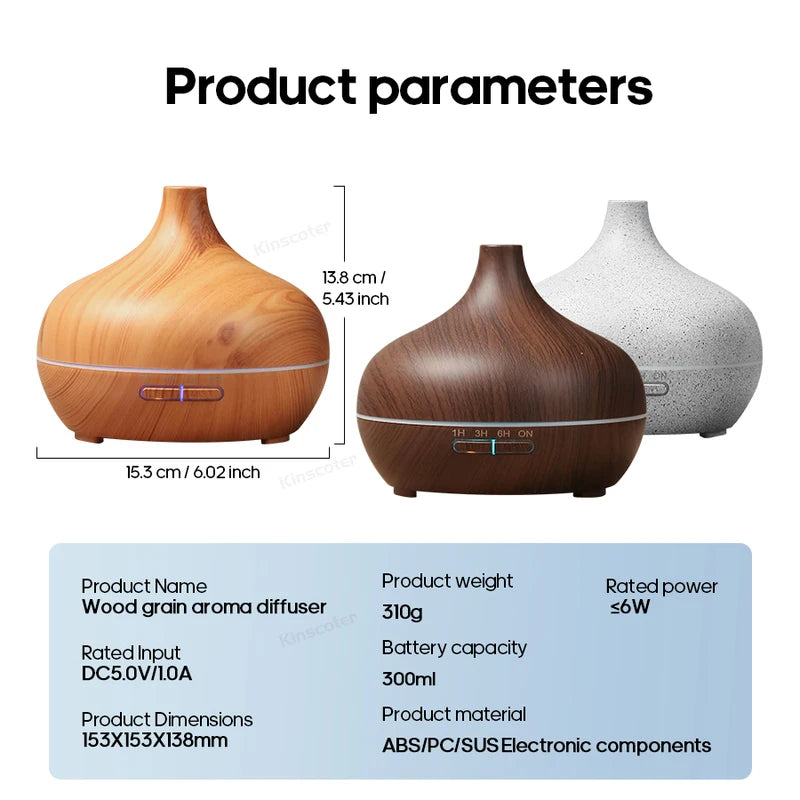 Wood Grain Aromatherapy Diffuser with 300ml Water Tank Ultrasonic Cool Mist Night Light