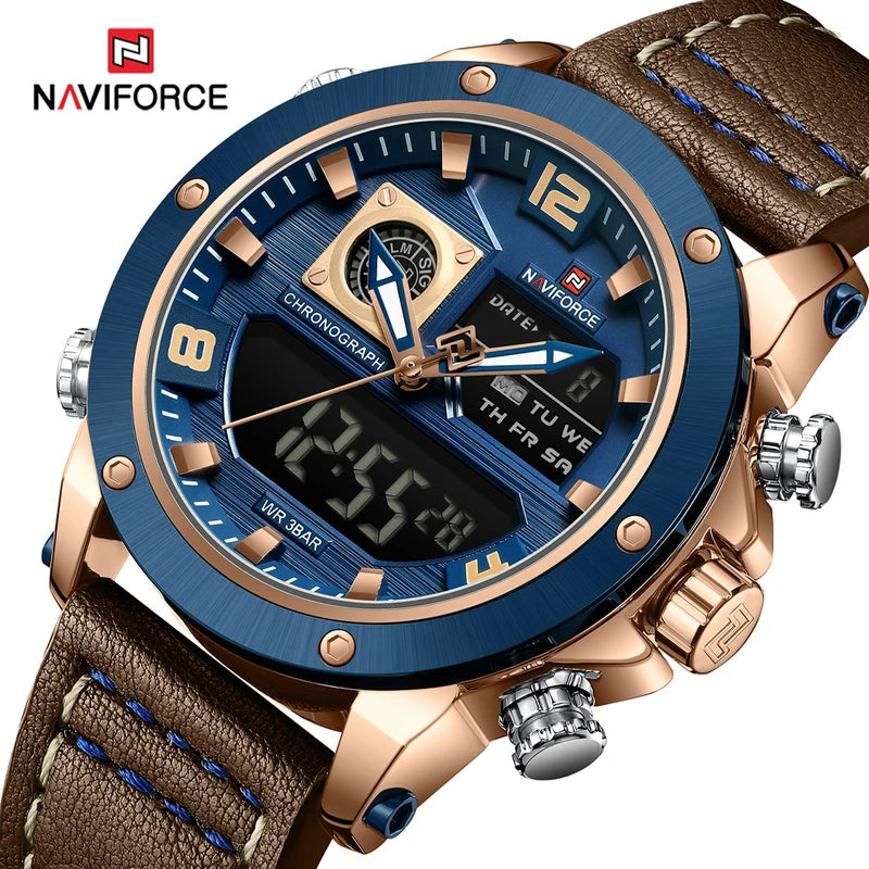 Men's Digital Leather Wrist Watch Dual Display Waterproof Quartz Sport Watch