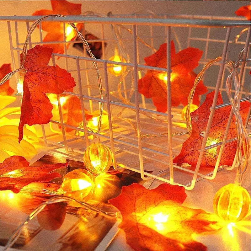 LED Halloween Fairy Light Garland with Pumpkin & Maple Leaf Decorations - Battery Powered Indoor Outdoor Decor