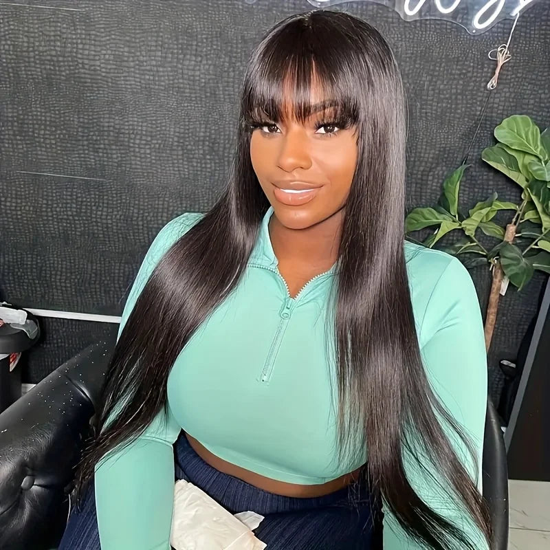 Long Human Hair Wig 30 Inch 180-200% Density with Bangs & Lace Front for Women