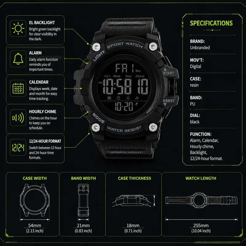 Digital Sport Watch Men Waterproof Shockproof Stopwatch with LED Backlight