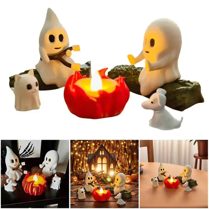 Halloween Ghost & Animal Campfire Statues Set Spooky Outdoor Decor
