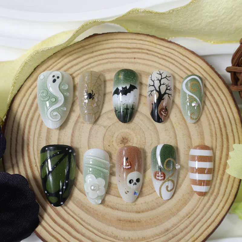 24 Pcs Halloween Ghost & Skull Fake Nails - Green & Brown Press On Nails