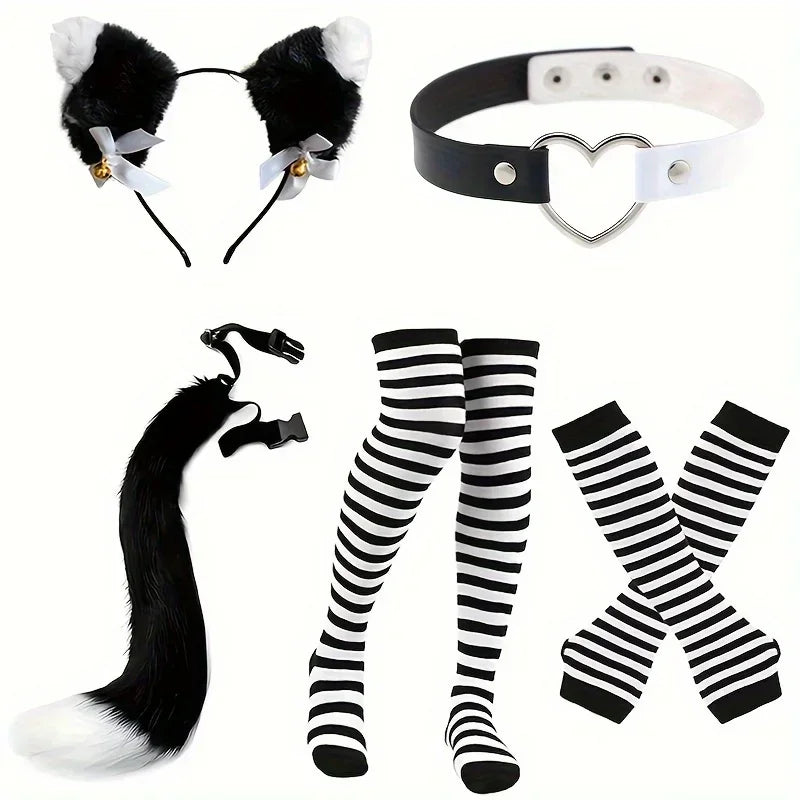 Role Playing Costume Set with Stripes Furry Tail Gloves Socks for Halloween