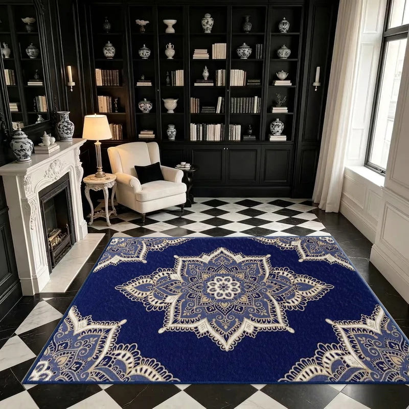 Bohemian Floral Medallion Area Rug - Navy Blue Indoor Floor Mat, Multiple Sizes