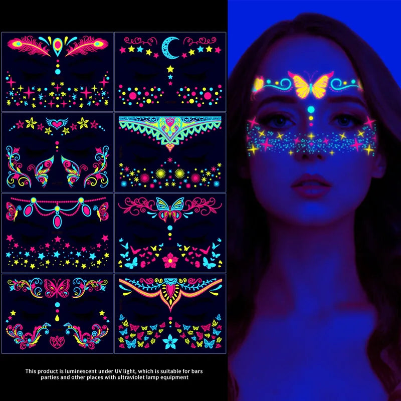Halloween Luminous UV Glow Temporary Tattoos Stickers for Body & Face Party Accessory
