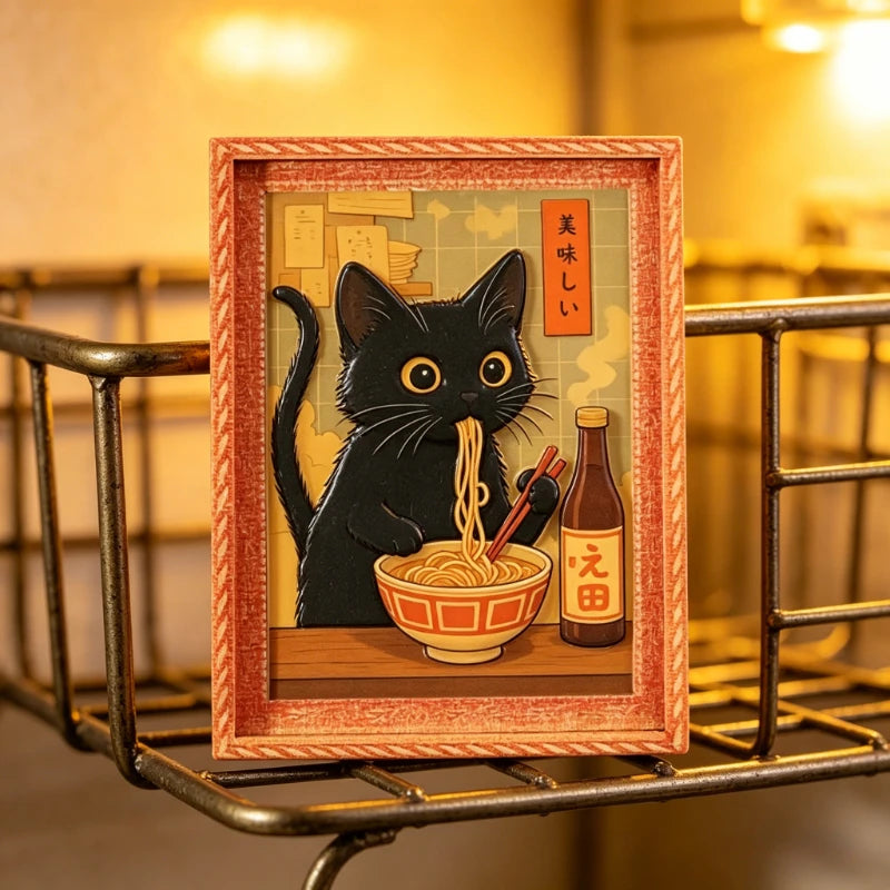 Mini Framed Black Cat Eating Ramen Magnet - Cute Japanese Cat Fridge Decor