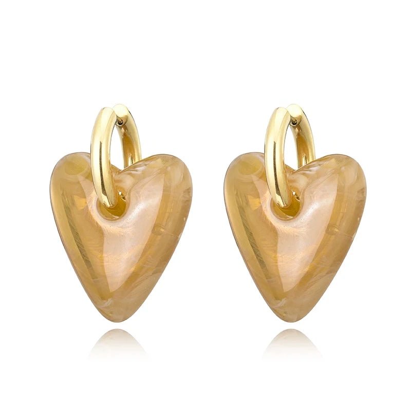 Vintage Heart Pendant Hoop Earrings for Women Gold Silver Acrylic Resin Jewelry