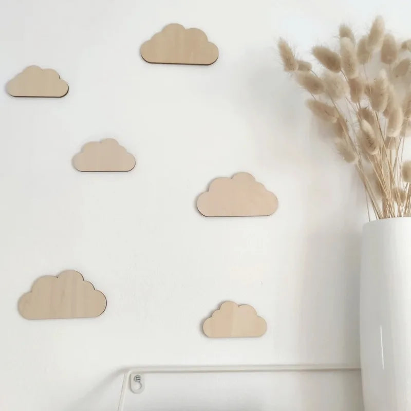 DIY Wooden Wall Stickers Set - Clouds, Flowers, Birds for Nursery Decor