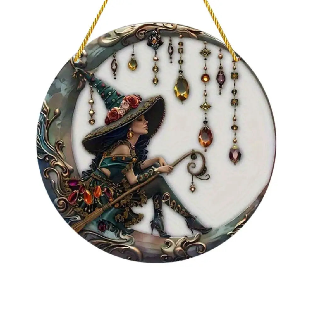 8x8 Inch Moonlight Witch Stained Glass Window Hanging Sun Catcher Wall Art