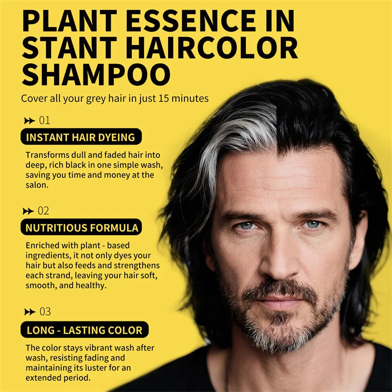Herbal Hair Dye Shampoo - Black Plant-Based Permanent Color for Gray Hair - 500ml