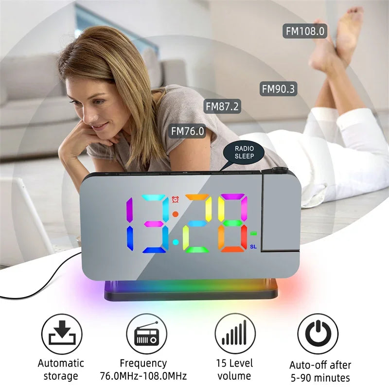 Digital Projection Alarm Clock with RGB Night Light & FM Radio
