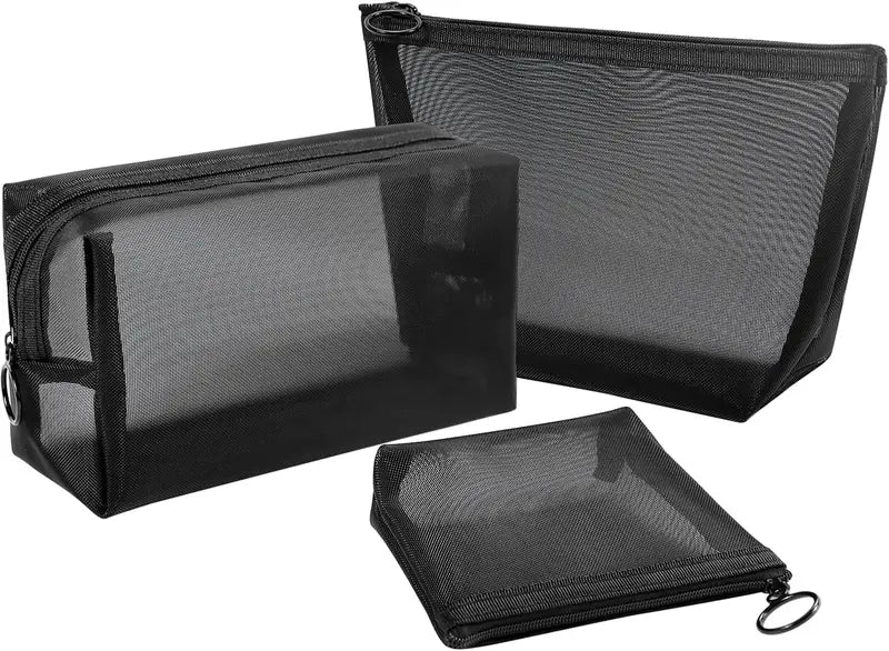 Mesh Cosmetic Bag Set 3-Pack Travel Makeup Storage with Zipper Closure
