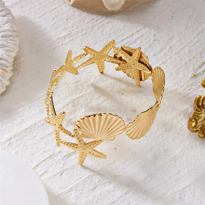 Sea Star Starfish Shell Upper Arm Bracelet for Women Beach Vacation Jewelry Adjustable Nautical Armlet