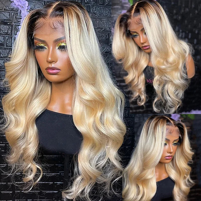 Human Hair Wigs 13x6 Lace Frontal Ombre Blonde & Dark Root Options