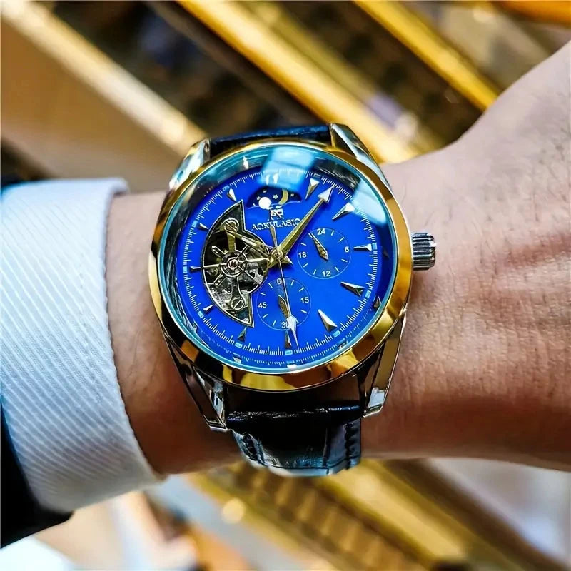 Men's Automatic Mechanical Watch with Moon Phase Skeleton Design - No Battery Needed