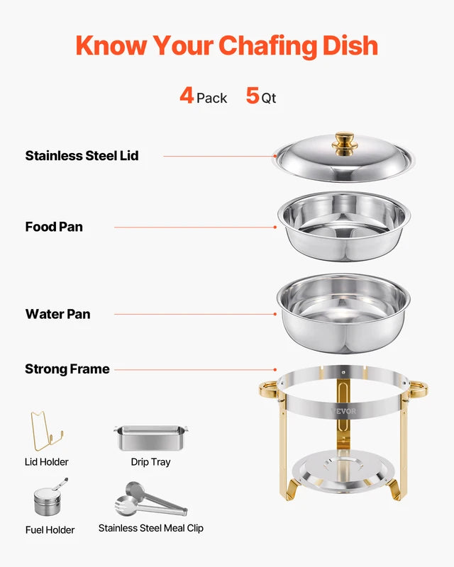 4 Pack Stainless Steel Chafing Dish Buffet Set with Full Size Pans for Catering & Parties