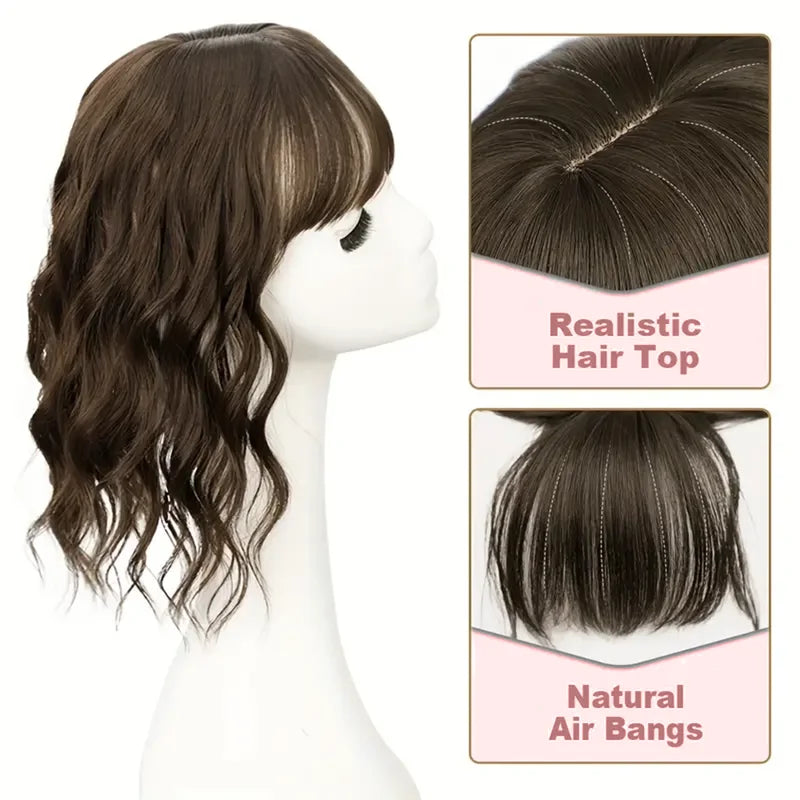 14 Inch Synthetic Wavy Clip-In Hair Topper with Bangs for Women - Curly Fluffy Hairpiece