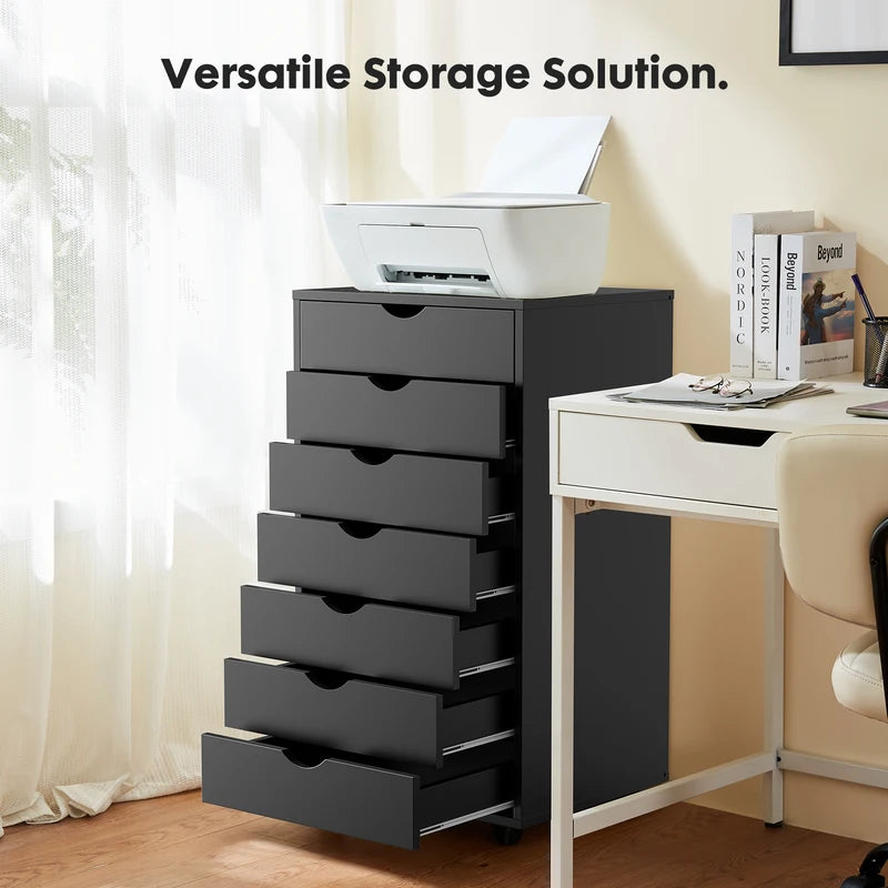 7 Drawer Wooden Storage Cabinet with Wheels - Modern Office & Living Room Organizer