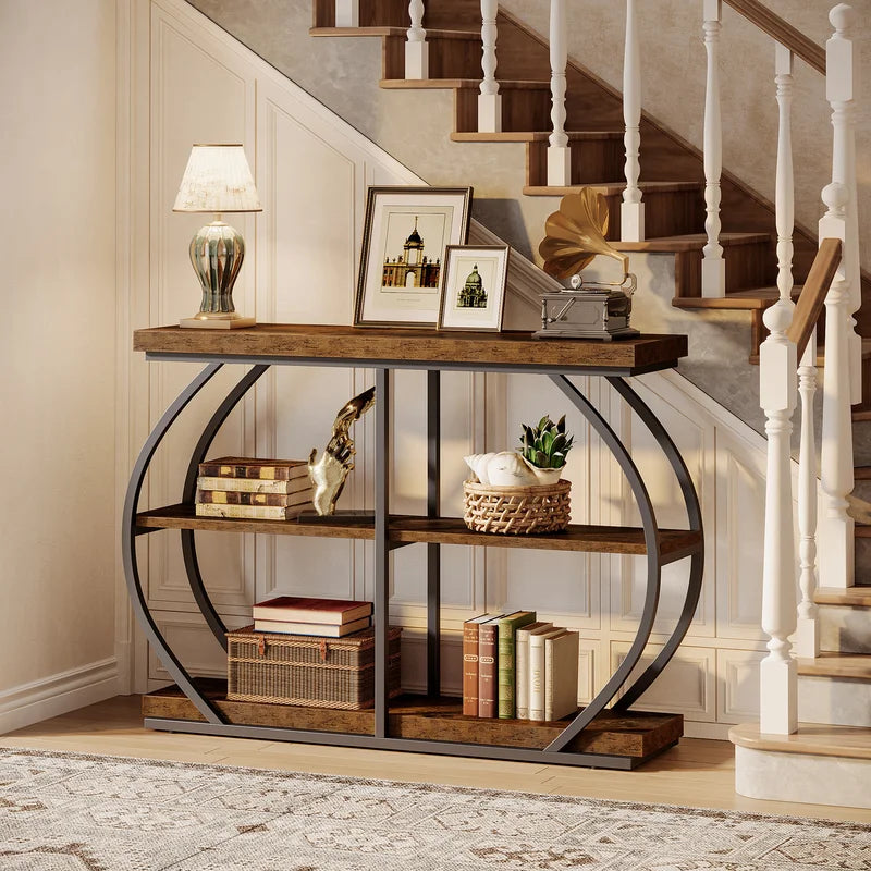 Industrial 3-Tier Console Table with Arched Metal Frame and Storage Shelves - 41.3 Inch Entryway or Living Room Table