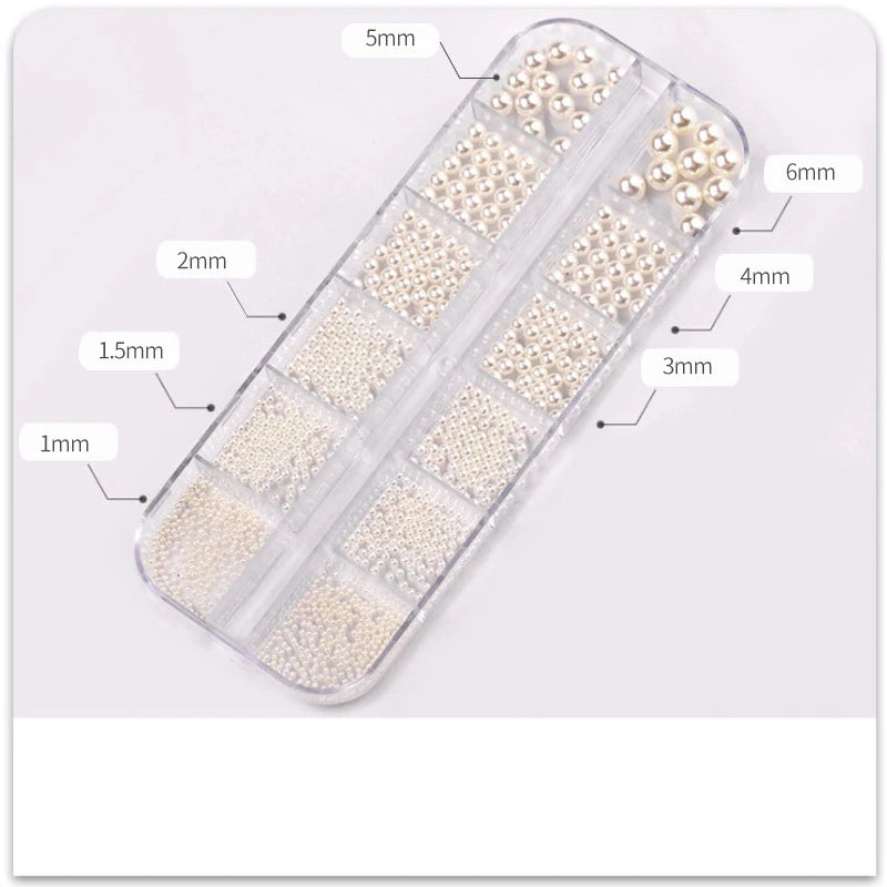 12-Grid Round Pearl White Nail Rhinestones and Caviar Beads for Nail Art