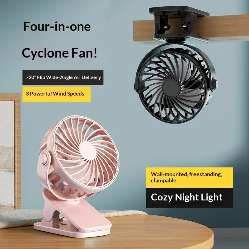 Mini 720° Rotatable Clip Fan with Night Light, USB Rechargeable Portable Cooler