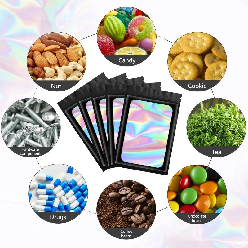 100pcs Holographic Mylar Bags with Ziplock Seal - Candy, Jewelry, Cosmetic Storage