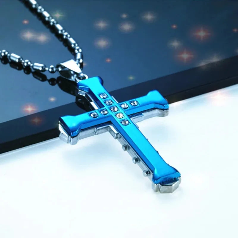 Men's Crystal Cross Pendant Necklace Stainless Steel Jewelry 2024