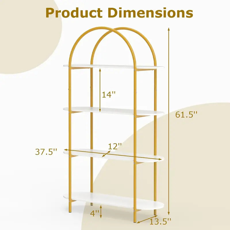 Arched 4-Tier Metal Frame Bookshelf - Modern Open Storage Organizer, Home Office & Living Room
