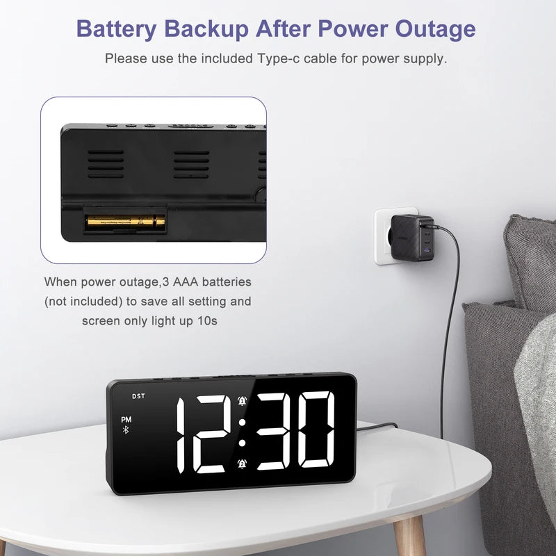 7-Inch LED Alarm Clock with Bluetooth, Dual Alarms & Brightness Control