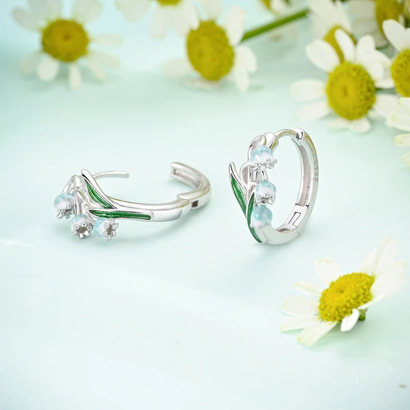 Sterling Silver Four Clover Stud Earrings with Lily of the Valley Flower for Women