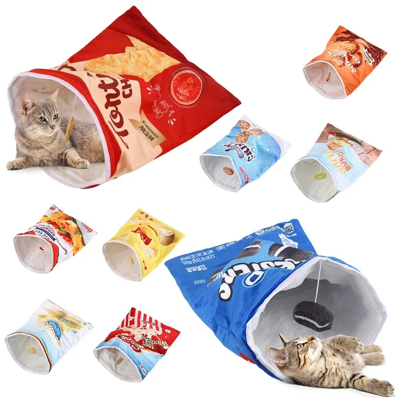 Interactive Cat Tunnel Toy with Food-Themed Designs - Collapsible Play Space for Cats