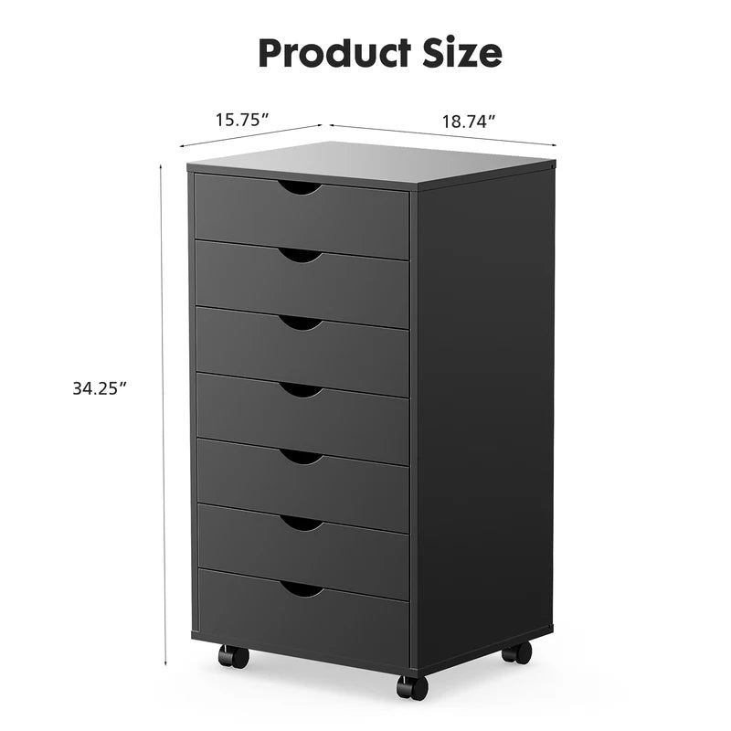 7 Drawer Wooden Storage Cabinet with Wheels - Modern Office & Living Room Organizer