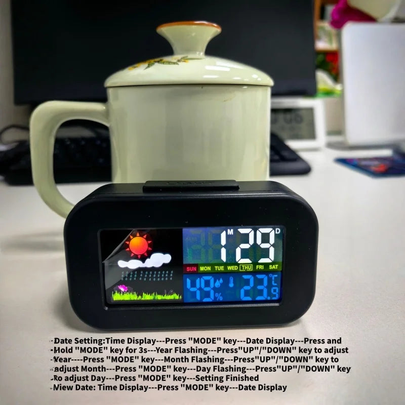Mini Digital Alarm Clock with Backlight Temperature Humidity Week Display - Electronic LED Clock for Living Room