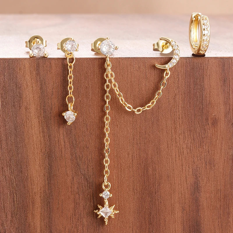 4PCS Women's Earrings Set Stainless Steel Cubic Zirconia Moon Star Jewelry - Punk Unisex Piercing